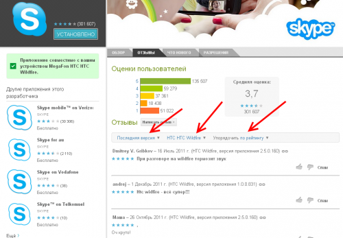 Android Market: фильтр отзывов пользователей по версии, модели и рейтингу