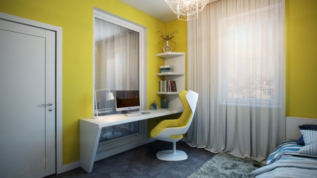 Stylish-Yellow-Painted-Apartment-in-Germany-Bedroom-Furnished-with-Compact-Workspace-Corner-Shelves-and-Swivel-Chair-906x509