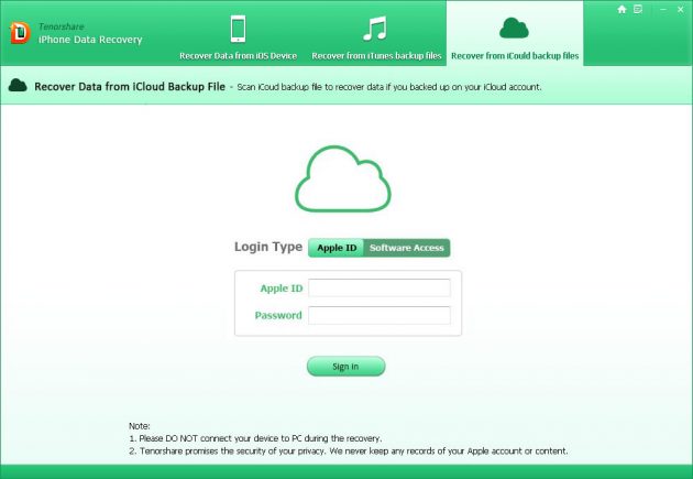 Tenorshare iPhone Data Recovery: авторизация при помощи учётной записи iCloud
