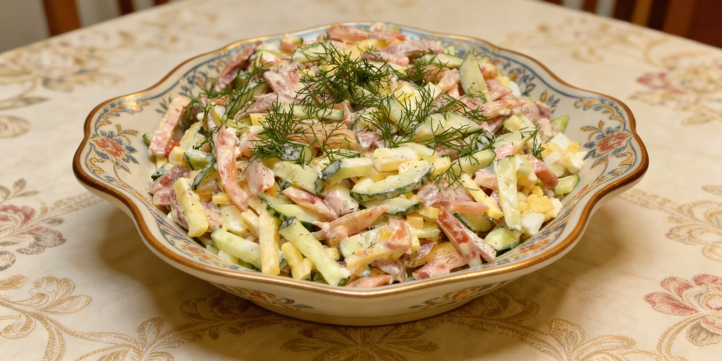 Лёгкий салат «Бахор» с копчёной колбасой