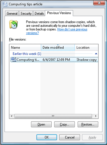 Windows Vista, резервное копирование, как найти документ, как восстановить документ