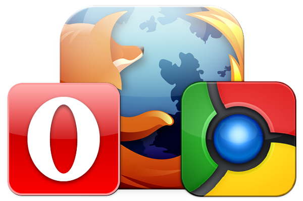 Обзор расширений для популярных браузеров (16 – 22 августа),логотип Firefox, логотип Chrome, логотип Opera