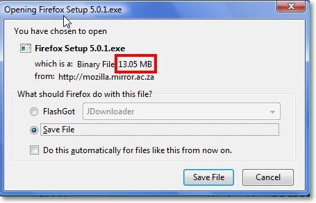 расширение показывает размер файла до загрузки, Firefox
