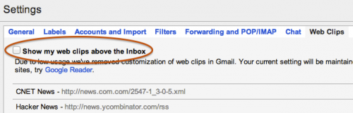 как отключить веб-клипы в gmail