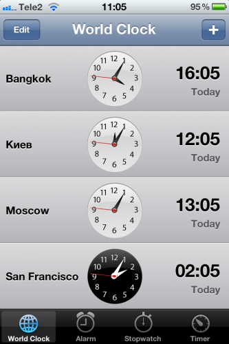 Clock на iPhone, планирование встреч в разных часовых поясах