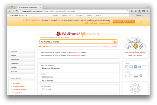Рассчет секунд при помощи WolframAlpha
