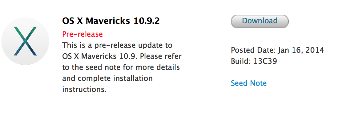 Apple выпустила OS X Mavericks 10.9.2 beta build 13C39