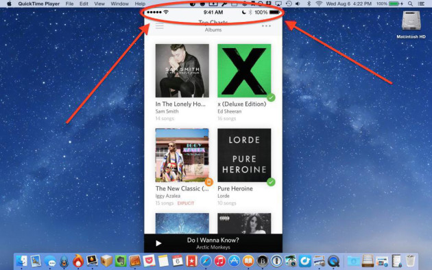 Окно плеера QuickTime во время записи скринкаста с iOS-устройства