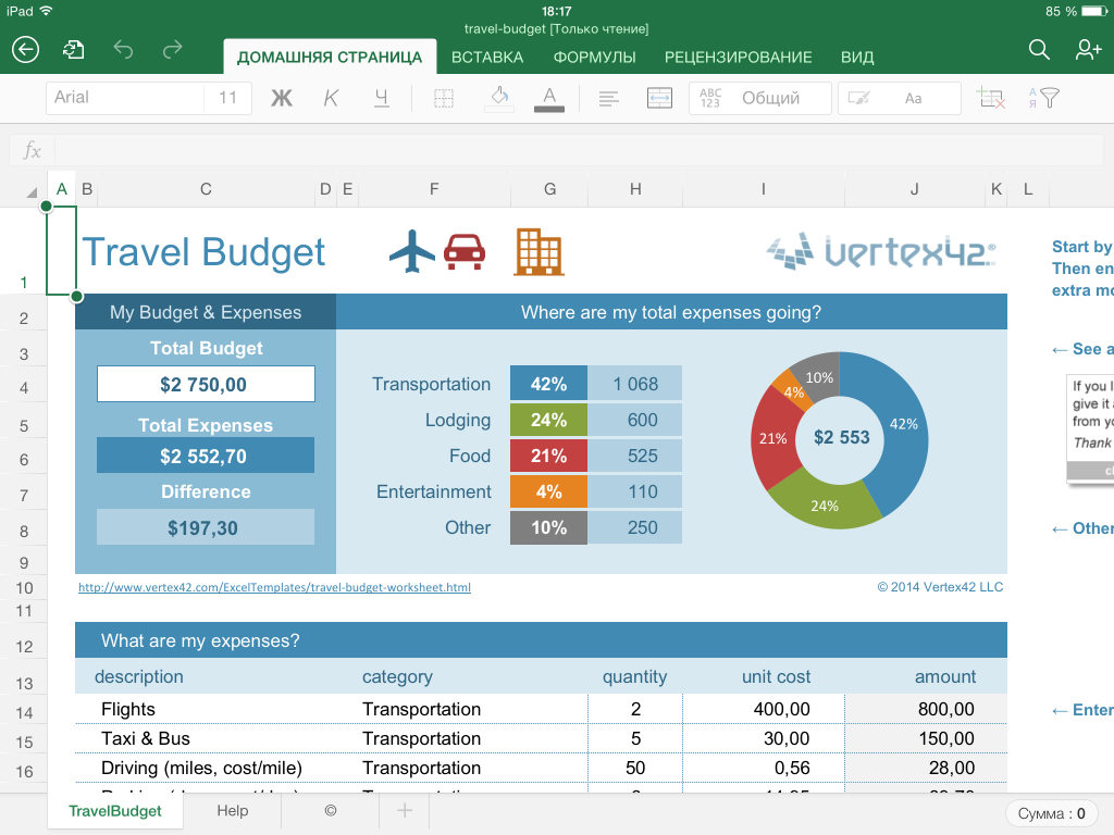 Как рассчитать расходы на путешествие в Excel