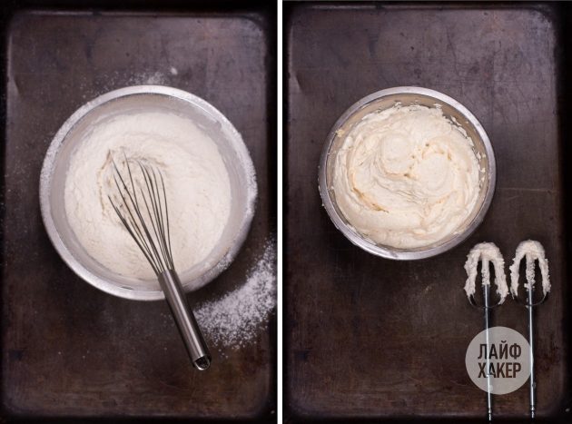 Чтобы приготовить печенье с шоколадной начинкой а-ля фондан, в одной миске сделайте мучную смесь, в другой — масляную