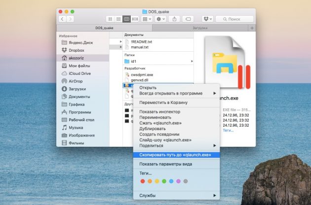 Скопировать полный путь к файлу или папке в OS X El Capitan поможет клавиша Option