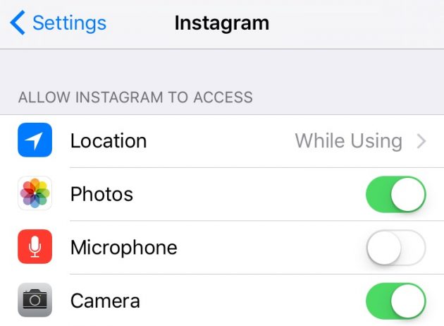 Управление доступом к информации приложения Instagram в iOS 9