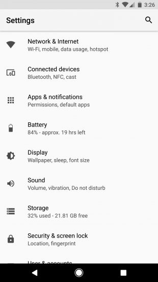 Android O: меню
