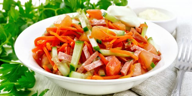 Salad with Korean carrots and sausage