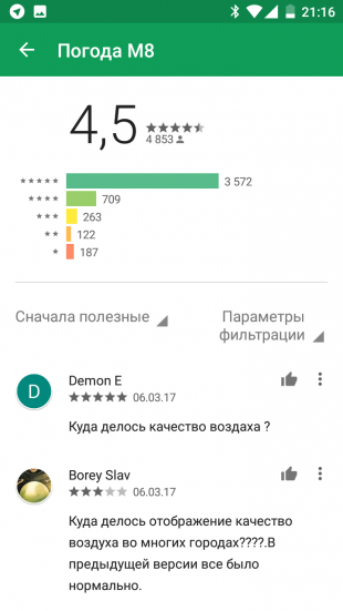 Google Play: релевантные отзывы