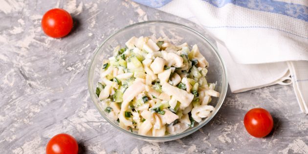 Salad recipe with squid and pickled cucumbers