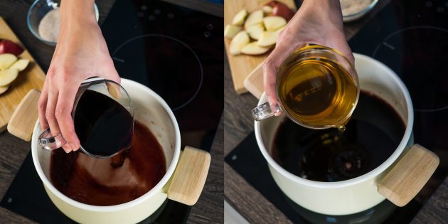 Как приготовить глинтвейн: в кастрюлю налейте красное вино и яблочный сок