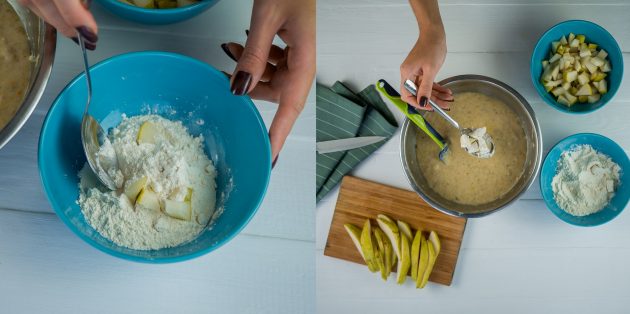 Кусочки груш обваляйте в муке и добавьте в тесто