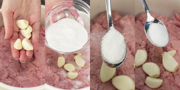 Пошаговый рецепт домашней колбасы: добавьте чеснок, сухие сливки, соль, сахар