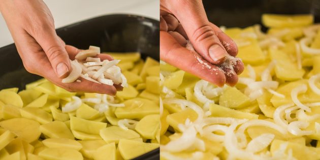 Как приготовить картошку с мясом в духовке: положите слой картофеля, лука, посолите