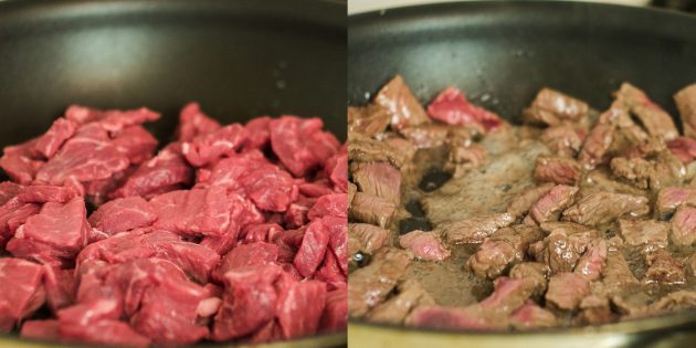 Обжарьте и потушите мясо 20 минут