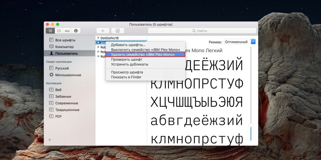 Как управлять шрифтами в macOS: сделайте правый клик на ненужном шрифте и выберите «Удалить семейство»