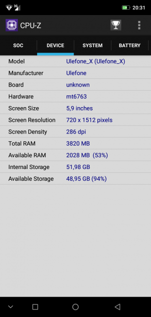 Обзор смартфона Ulefone X: CPU-Z