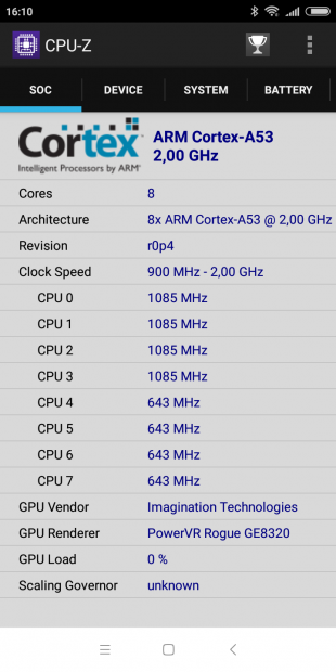 Xiaomi Redmi 6: CPU-Z