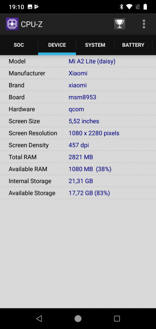 Xiaomi Mi A2 Lite: CPU-Z
