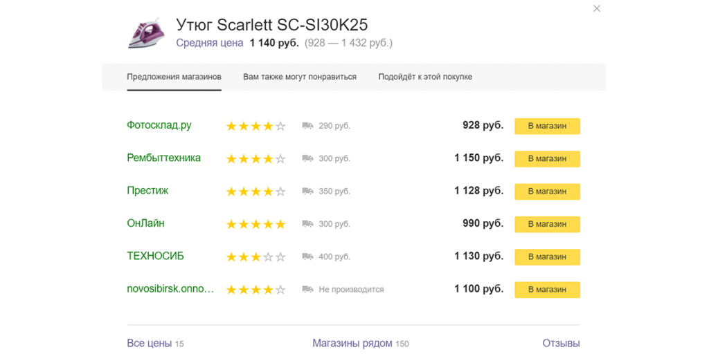 Реальные скидки: Окно Яндекс.Советника со сравнением цен
