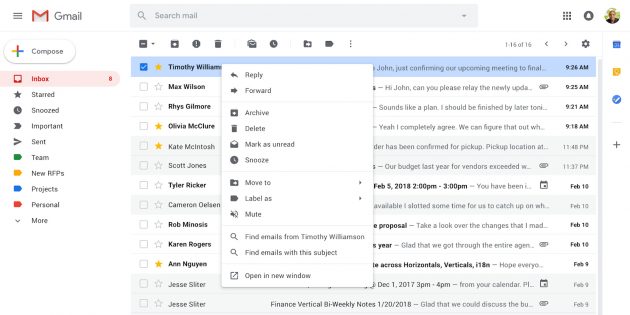 Почтовый сервис Gmail обзавёлся новыми функциями: варианты действий по клику правой кнопкой мыши
