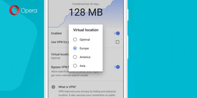 Встроенный VPN для Android-устройств с Opera beta: выбор региона
