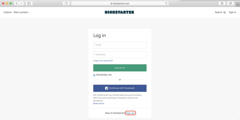 Как покупать на Kickstarter: кликните Sign up!
