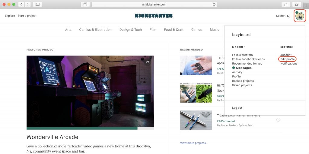 Как покупать на Kickstarter: нажмите на иконку профиля, а затем — на ссылку Edit profile