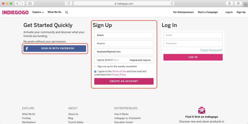 Как покупать на Indiegogo: укажите имя, почту и пароль или залогиньтесь с помощью Facebook*