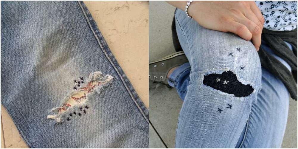 Попросила порвать. Заплатка на джинсы на колене. Красивые заплатки на джинсы. Заштопать дырку на джинсах. Красиво зашить дырку на джинсах.