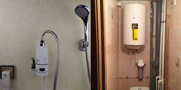 Компактный проточный водонагреватель на стене ванной и бойлер на 80 литров, размещённый над унитазом