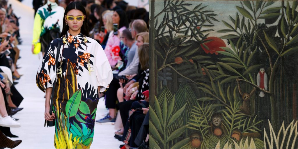 Модель Valentino и картина Анри Руссо «Обезьяны и попугай в девственном лесу»