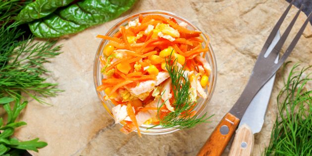 Salad with chicken, Korean carrots and corn