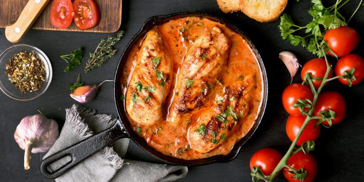 Рецепт Курица с грибами в томатном соусе. Калорийность, химический состав и пищевая ценность.