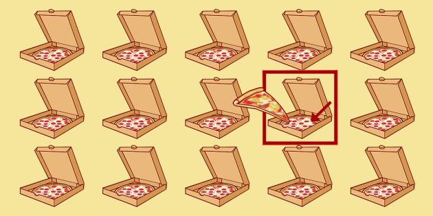 Картинки-головоломки: на четвёртой пицце во втором ряду не хватает кружка колбасы