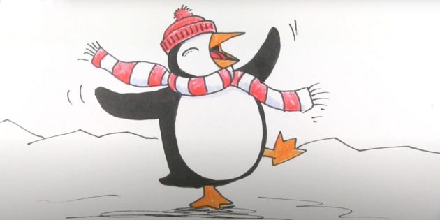 Как нарисовать двигающегося мультяшного пингвина в шапочке
