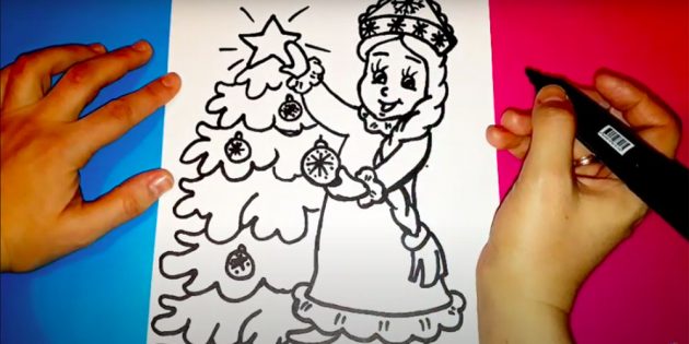 Как нарисовать Снегурочку с ёлкой фломастером