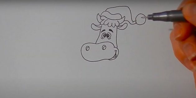 Как нарисовать корову: нарисуйте шапку и глаза