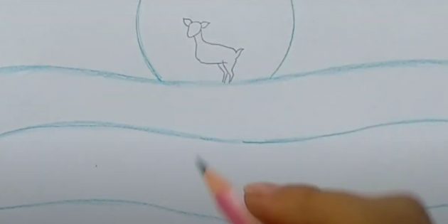 Как нарисовать зимний пейзаж: нарисуйте сугробы и голову оленя