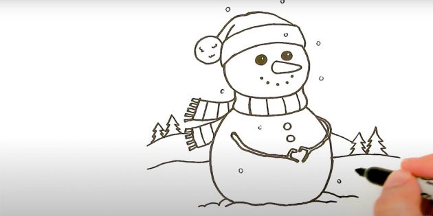Как нарисовать снеговика: добавьте пейзаж