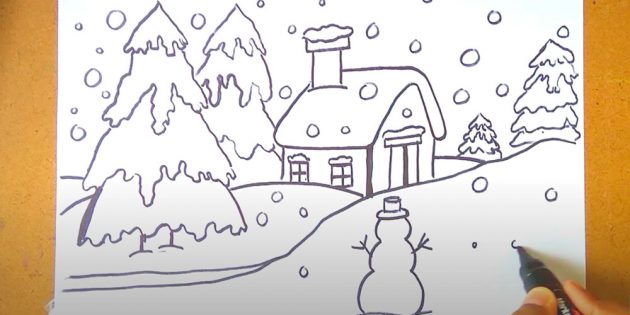 Как нарисовать зимний пейзаж: нарисуйте снеговика и снег