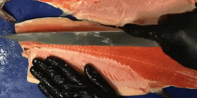 How to cut a trout for salting: separate the costal bones and fatty belly.
