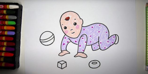 Как нарисовать ребёнка: закрасьте чёлку, комбинезон и румянец