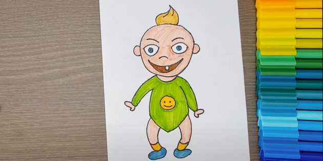 Как нарисовать ребёнка: закрасьте голову, руки, ноги и ступни